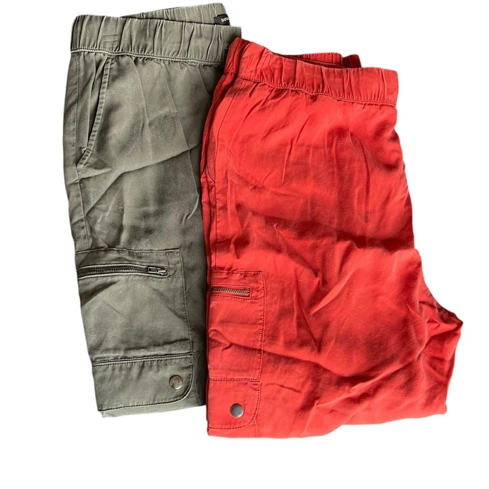 Light Olive Green and Red Relaxed Cargo Pants with Elastic Cuffs (2 pairs)